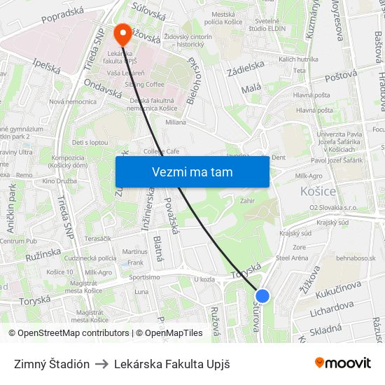 Zimný Štadión to Lekárska Fakulta Upjš map