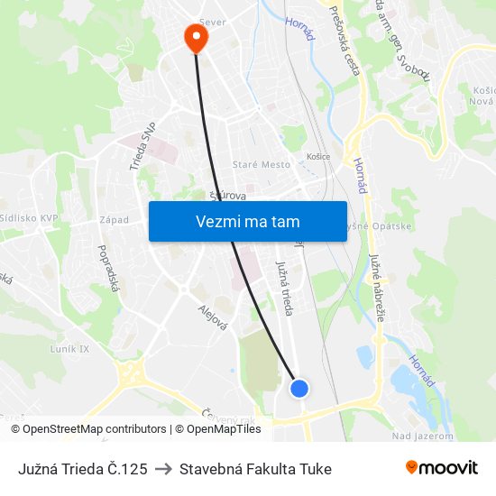 Južná Trieda Č.125 to Stavebná Fakulta Tuke map
