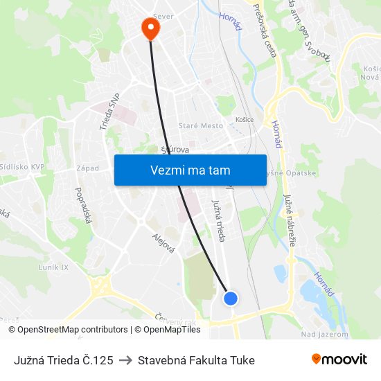 Južná Trieda Č.125 to Stavebná Fakulta Tuke map