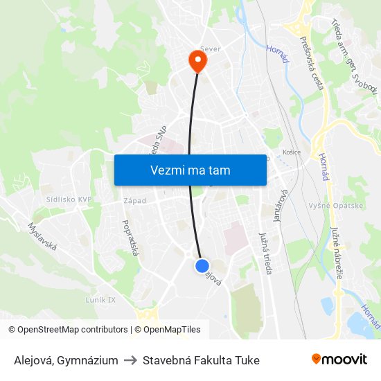 Alejová, Gymnázium to Stavebná Fakulta Tuke map