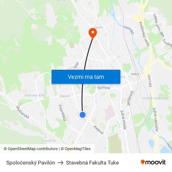 Spoločenský Pavilón to Stavebná Fakulta Tuke map