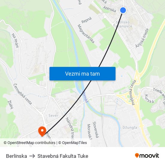 Berlínska to Stavebná Fakulta Tuke map