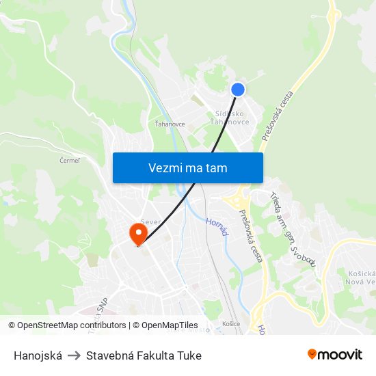 Hanojská to Stavebná Fakulta Tuke map