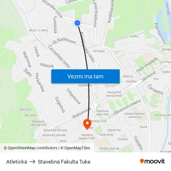 Atletická to Stavebná Fakulta Tuke map