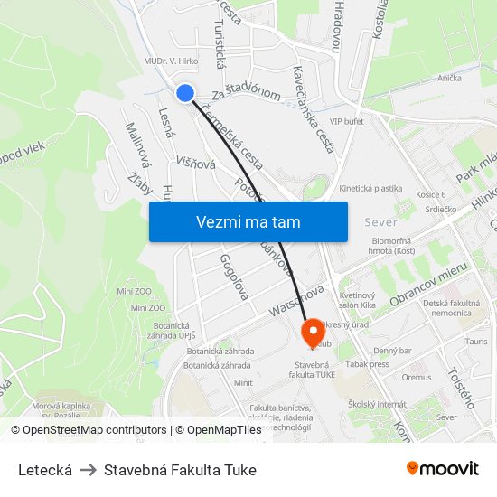 Letecká to Stavebná Fakulta Tuke map