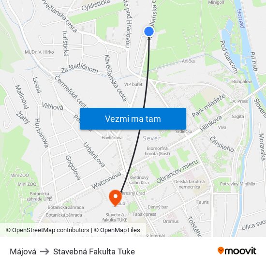 Májová to Stavebná Fakulta Tuke map