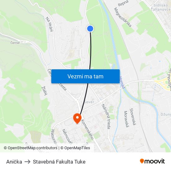 Anička to Stavebná Fakulta Tuke map