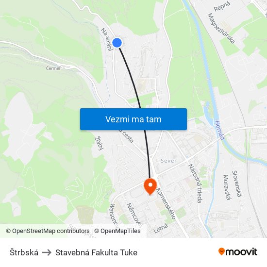 Štrbská to Stavebná Fakulta Tuke map