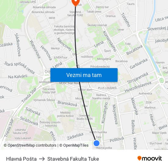 Hlavná Pošta to Stavebná Fakulta Tuke map