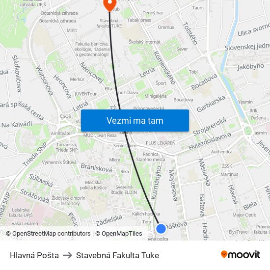 Hlavná Pošta to Stavebná Fakulta Tuke map