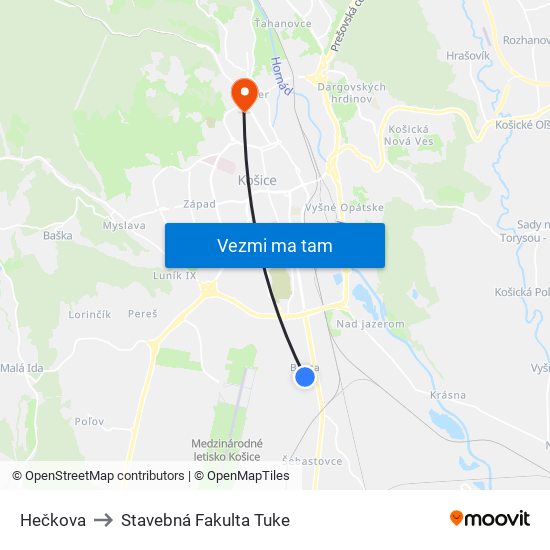 Hečkova to Stavebná Fakulta Tuke map