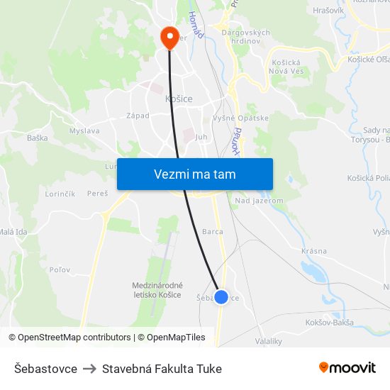 Šebastovce to Stavebná Fakulta Tuke map