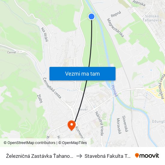 Železničná Zastávka Ťahanovce to Stavebná Fakulta Tuke map