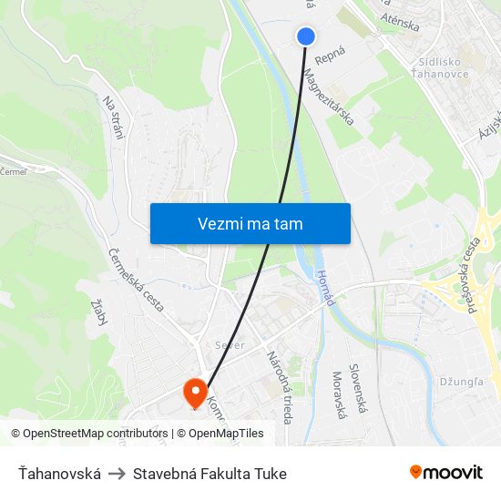 Ťahanovská to Stavebná Fakulta Tuke map