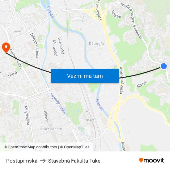 Postupimská to Stavebná Fakulta Tuke map