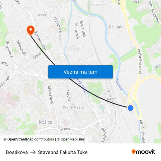 Bosákova to Stavebná Fakulta Tuke map