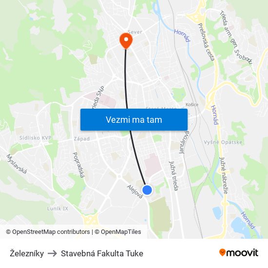 Železníky to Stavebná Fakulta Tuke map