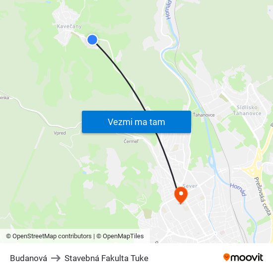 Budanová to Stavebná Fakulta Tuke map