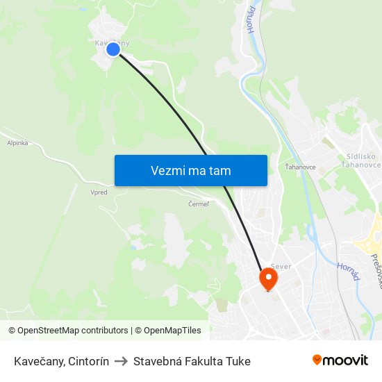 Kavečany, Cintorín to Stavebná Fakulta Tuke map