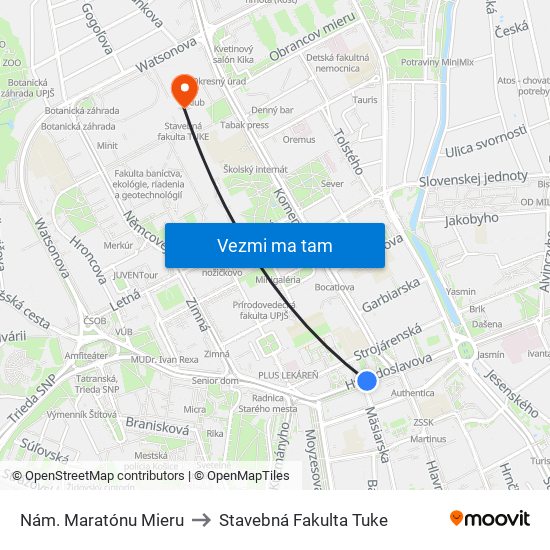 Nám. Maratónu Mieru to Stavebná Fakulta Tuke map