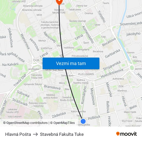 Hlavná Pošta to Stavebná Fakulta Tuke map