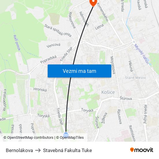 Bernolákova to Stavebná Fakulta Tuke map