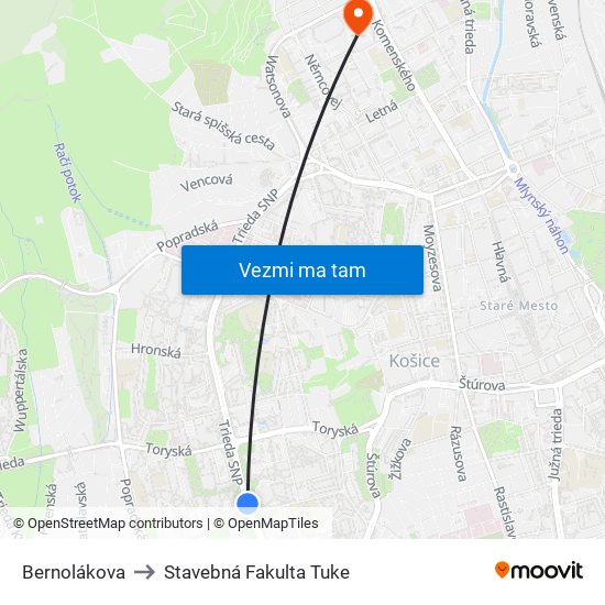 Bernolákova to Stavebná Fakulta Tuke map