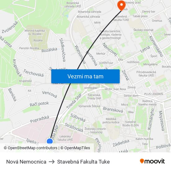 Nová Nemocnica to Stavebná Fakulta Tuke map