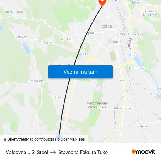 Valcovne U.S. Steel to Stavebná Fakulta Tuke map