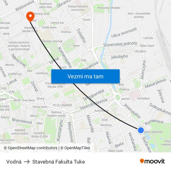 Vodná to Stavebná Fakulta Tuke map