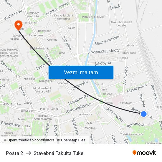 Pošta 2 to Stavebná Fakulta Tuke map