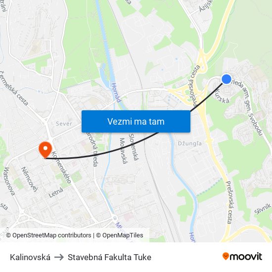 Kalinovská to Stavebná Fakulta Tuke map