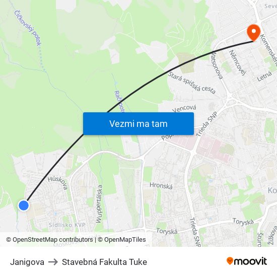 Janigova to Stavebná Fakulta Tuke map