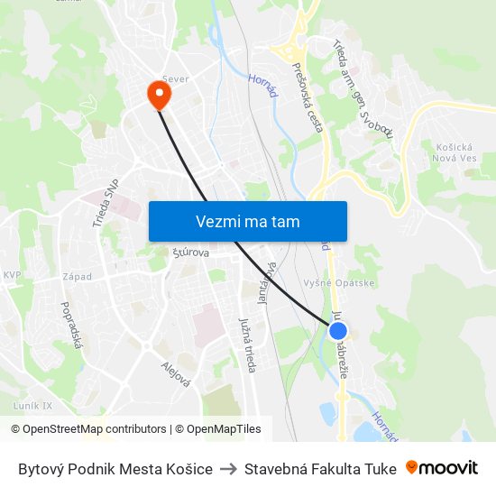 Bytový Podnik Mesta Košice to Stavebná Fakulta Tuke map