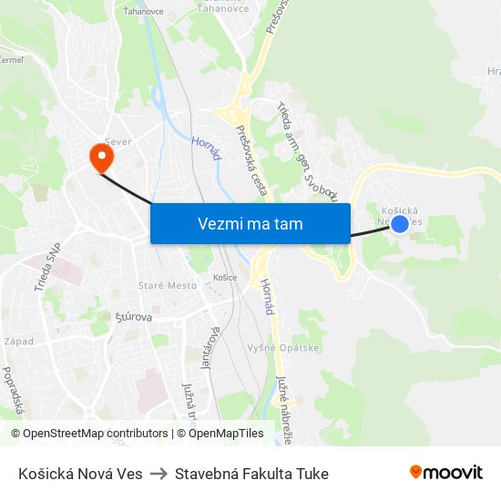 Košická Nová Ves to Stavebná Fakulta Tuke map