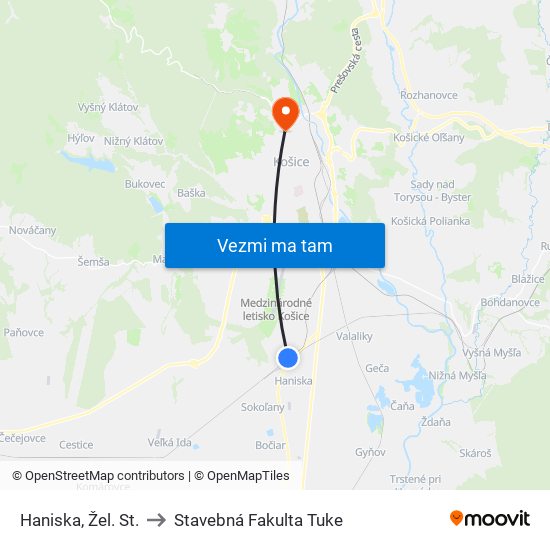 Haniska, Žel. St. to Stavebná Fakulta Tuke map