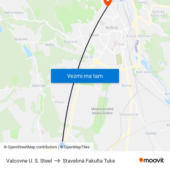 Valcovne U. S. Steel to Stavebná Fakulta Tuke map