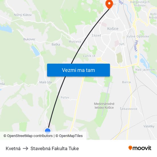 Kvetná to Stavebná Fakulta Tuke map