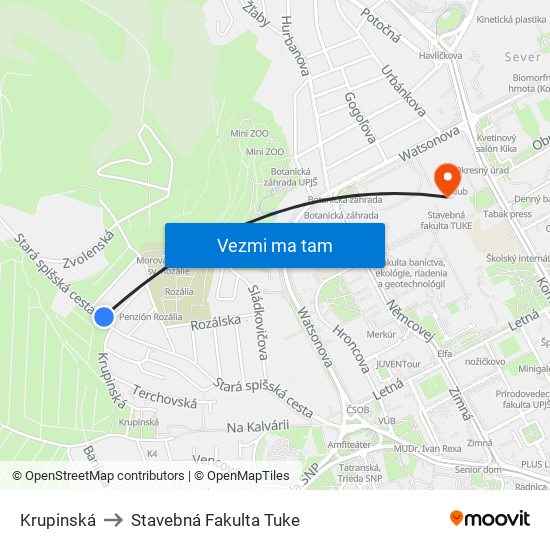 Krupinská to Stavebná Fakulta Tuke map