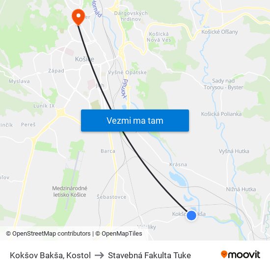 Kokšov Bakša, Kostol to Stavebná Fakulta Tuke map