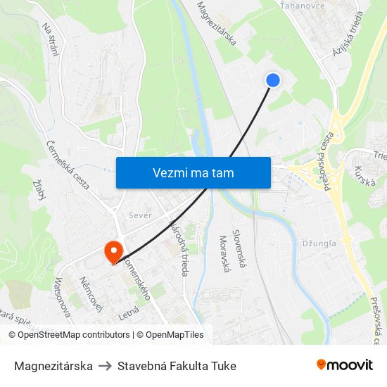 Magnezitárska to Stavebná Fakulta Tuke map