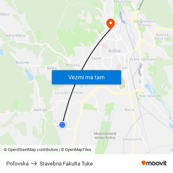 Poľovská to Stavebná Fakulta Tuke map