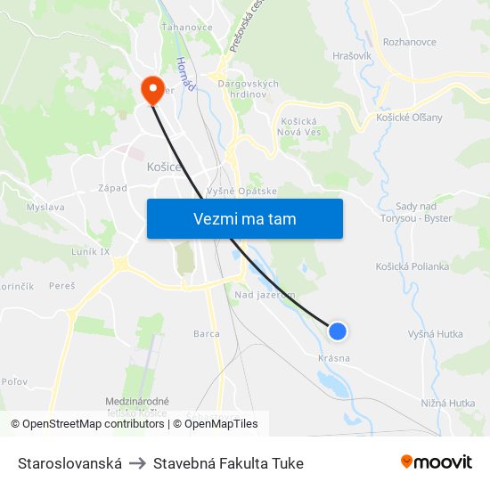 Staroslovanská to Stavebná Fakulta Tuke map