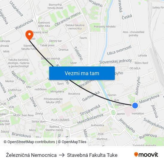 Železničná Nemocnica to Stavebná Fakulta Tuke map