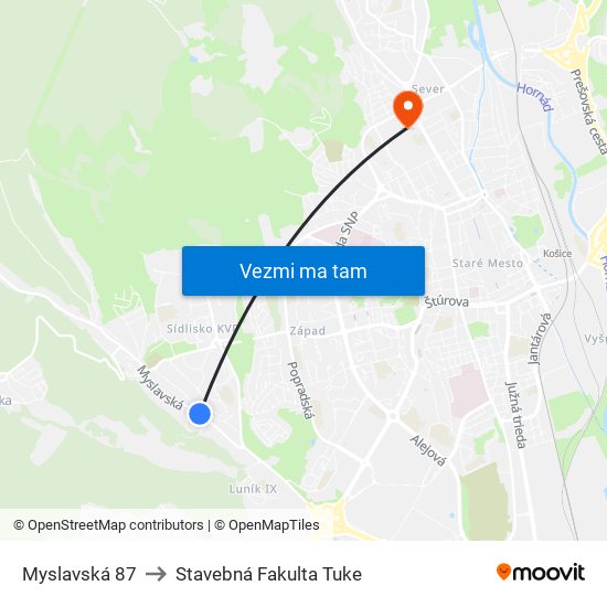 Myslavská 87 to Stavebná Fakulta Tuke map