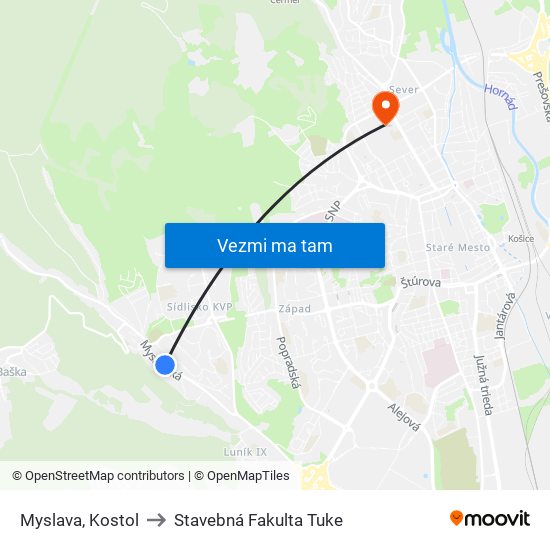 Myslava, Kostol to Stavebná Fakulta Tuke map