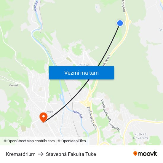 Krematórium to Stavebná Fakulta Tuke map