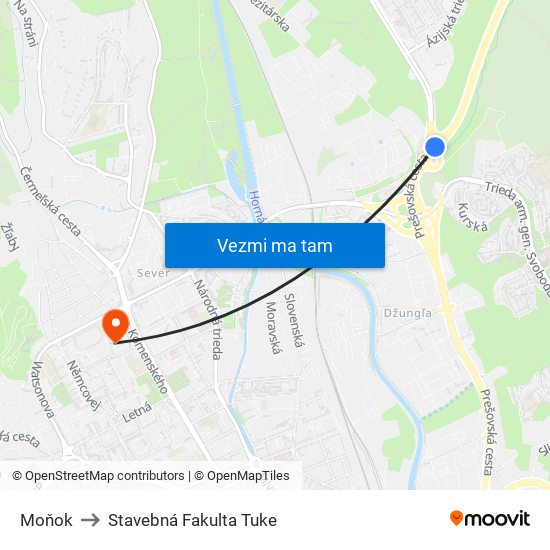 Moňok to Stavebná Fakulta Tuke map