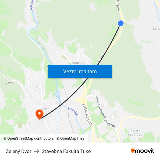 Zelený Dvor to Stavebná Fakulta Tuke map