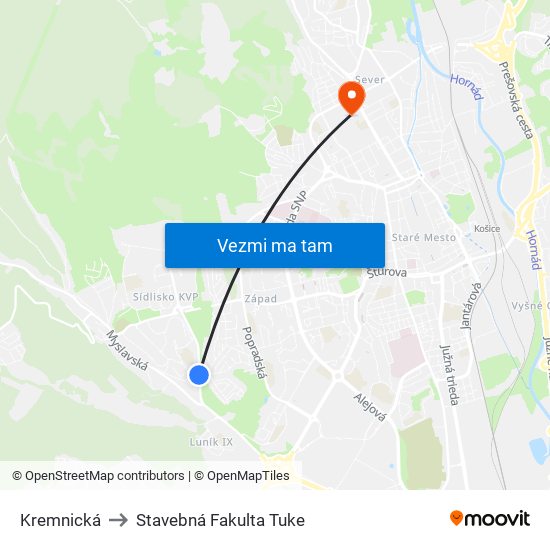 Kremnická to Stavebná Fakulta Tuke map